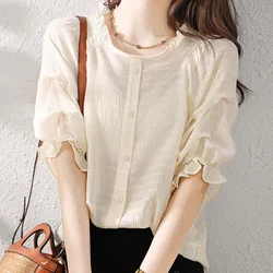 Summer Round Neck Pullover Solid Color Women's Clothing Three Quarter Shirring Chiffon T-shirt Trendy Comfortable Elegant Tops