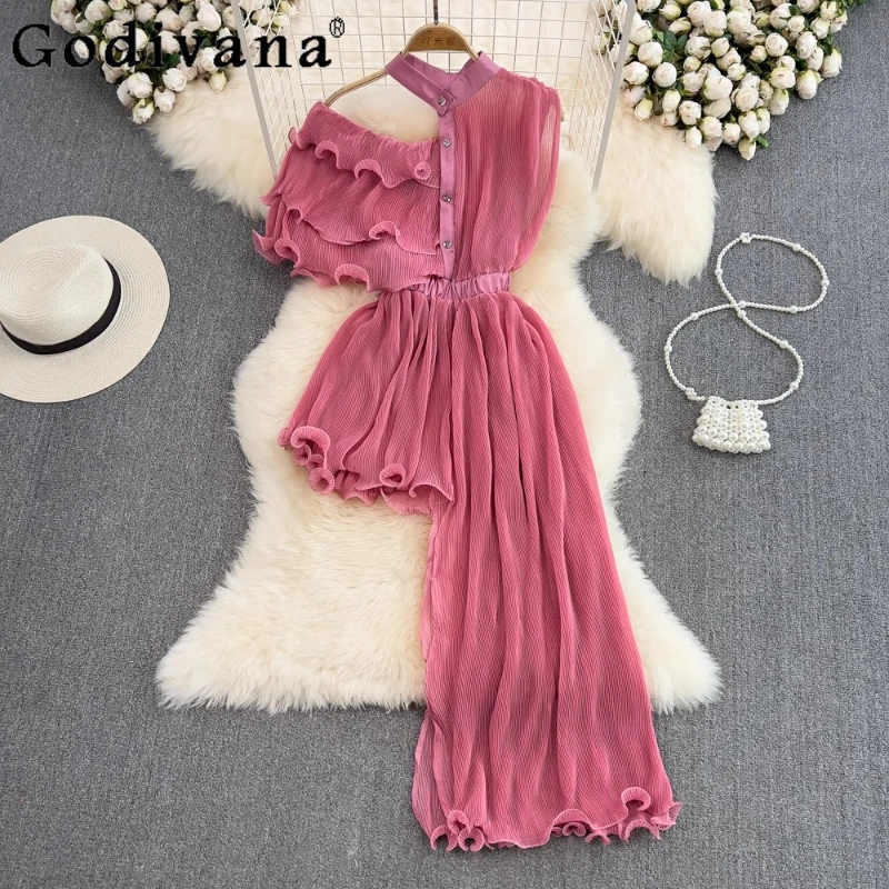 

2025 Summer New Retro Temperament Irregular Medium Long Shirt Dress Fashion Girl A-line Age-reducing High Waist Pleated Dresses