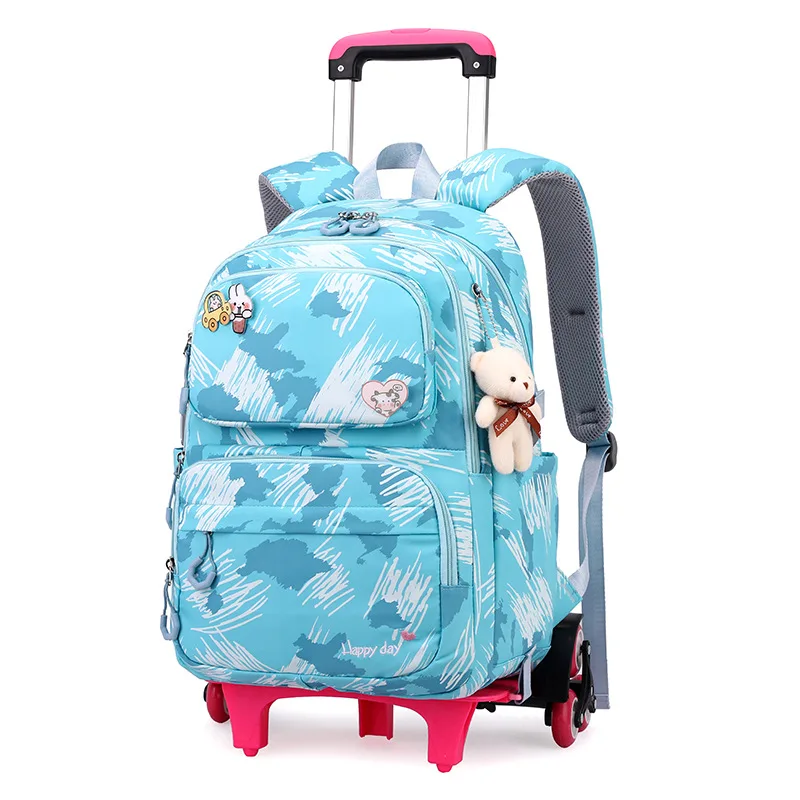 Mochila escolar con carrito con colgante de oso para niños, morral escolar con 2/6 ruedas para ortopedia, equipaje para niñas