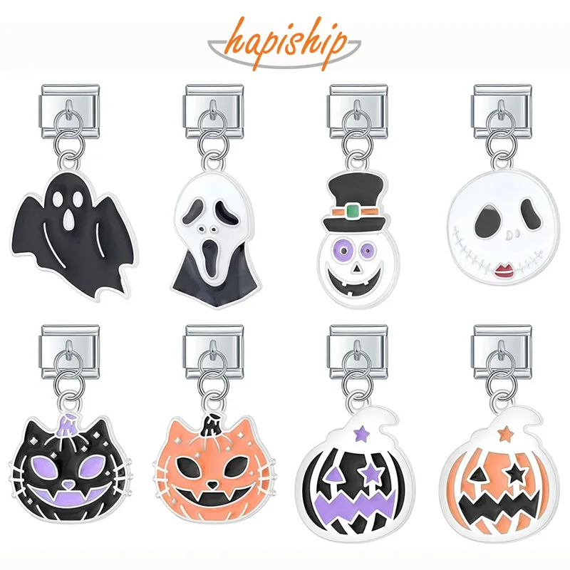 Hapiship New Colour Glaze Halloween Pumpkin Cross Italian Links Charm Fit 9mm Bracelet Stainless Steel Jewelry DIY Making DJ456