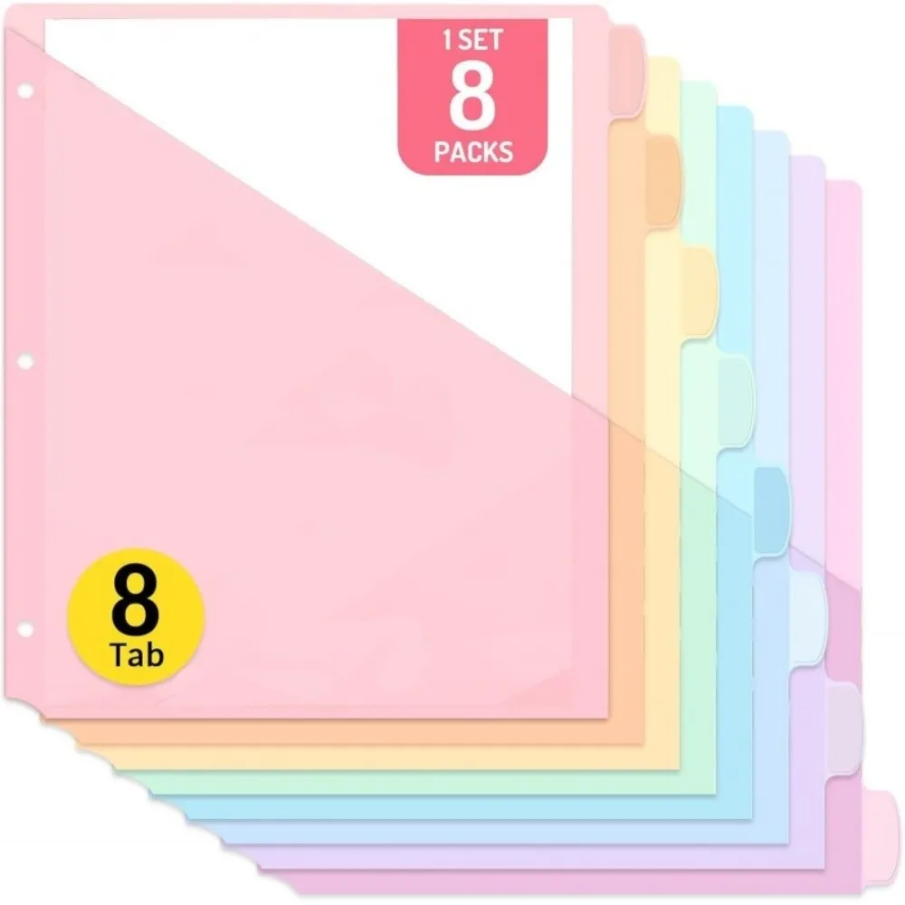 8 pcs A4 Pastel Binder Dividers 8-Tab Dividers 3-Ring Binder Single Pocket Dividers Single Pocket Plastic File Folders