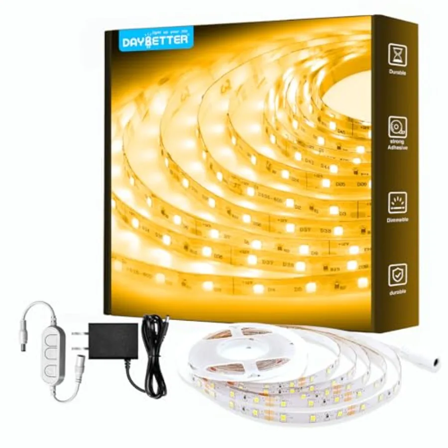LED Strip Light, 16.4 Feet Dimmable Bright Rope Light, 3000K 12V LED Light Strip, Super Bright LED Tape Lights for Bedroom, Kit
