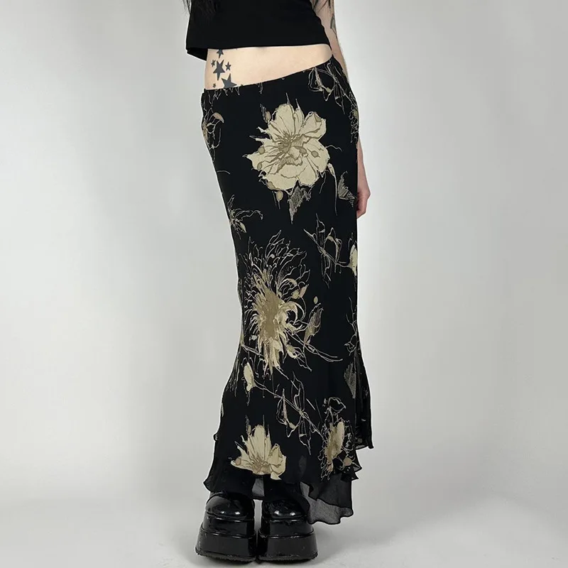 Low Waist Floral Tie Dye Net Half Skirt Slim Fit Vintage Long Skirt C491SK Cross Border European Style A-Line Skirt
