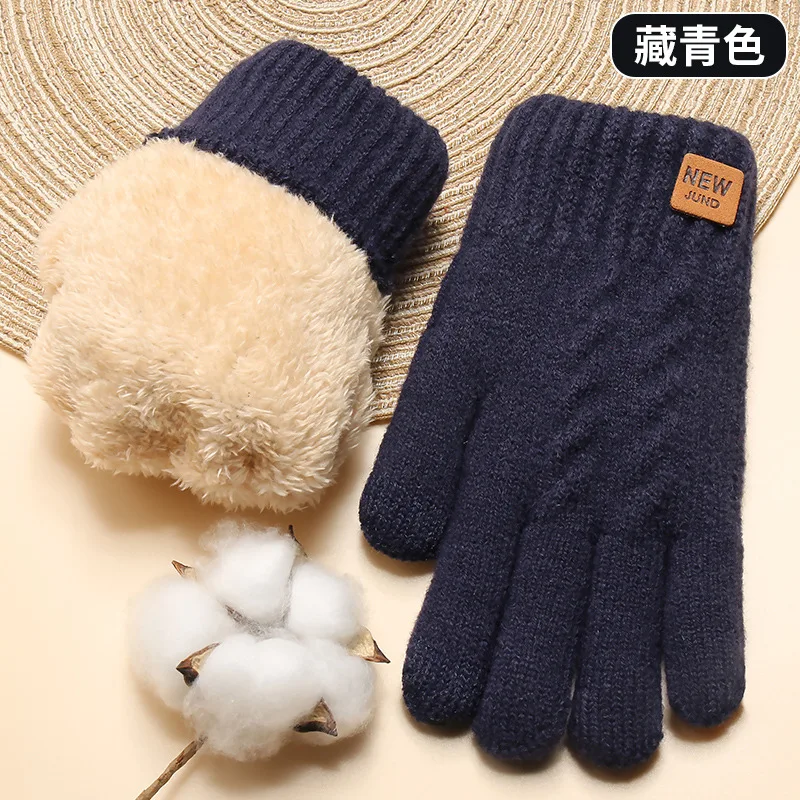 Women Winter Thickened Double Layer Knitted Gloves Wholesale Plus Velvet Cold Proof and Warm Solid Color Touch Screen Gloves