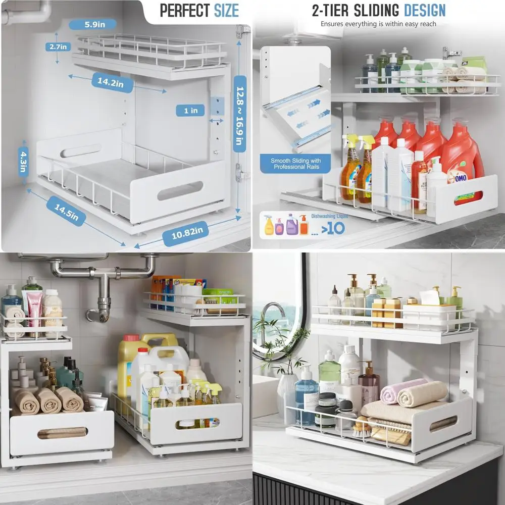 

Dual-Tier Slide-Out Under-Sink Organizer with Adjustable Height and Rust-Resistant Finish