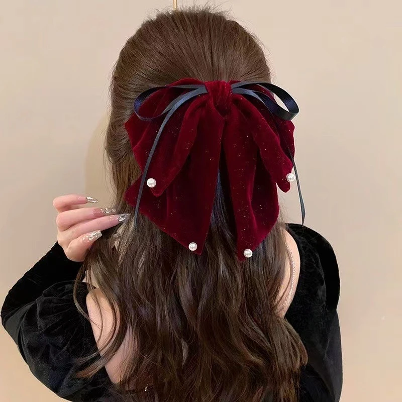 

New Year's red bow hair clip elegant shark clip temperament velvet large bow clip hair for girls accessories for women