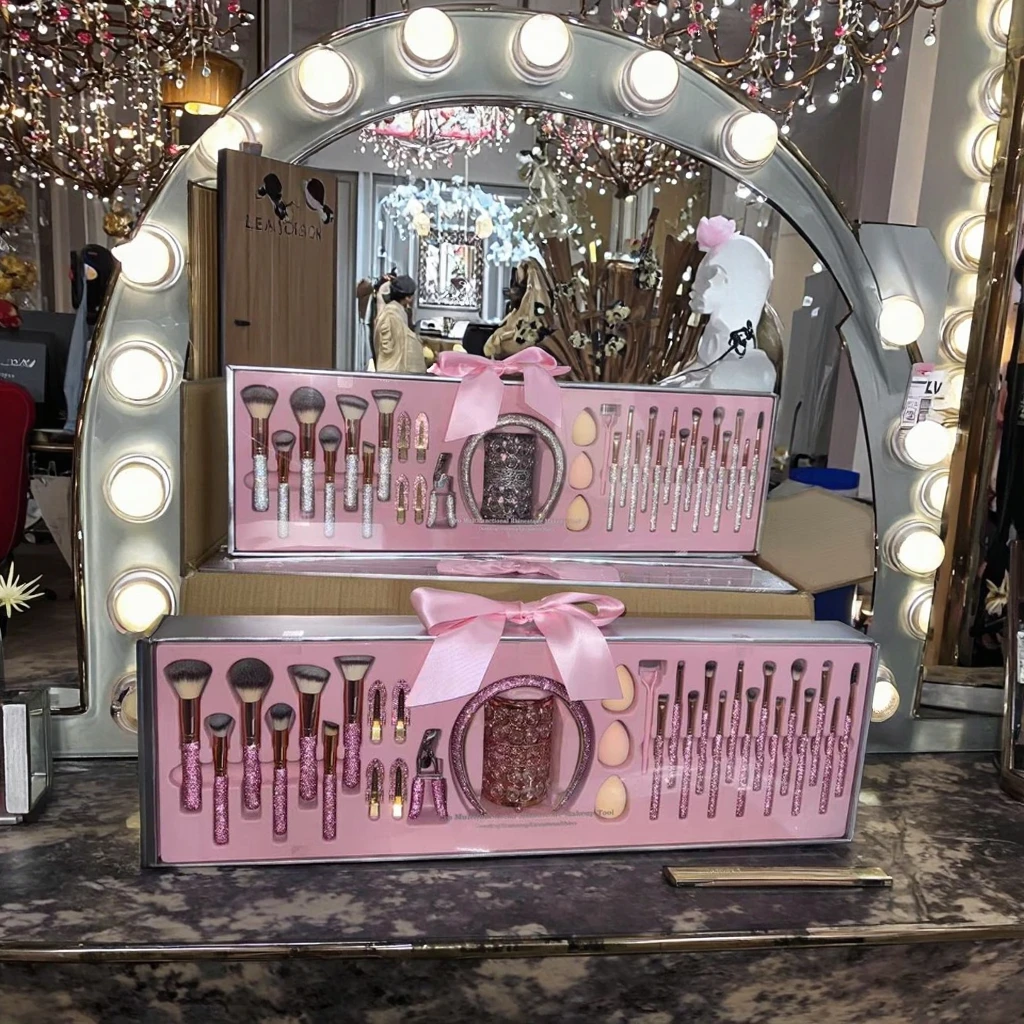 Luxury/Glitz 23/28/32 Pink Rhinestone Brush Set Glamour Shiny Makeup Brush High Quality Professional Tools