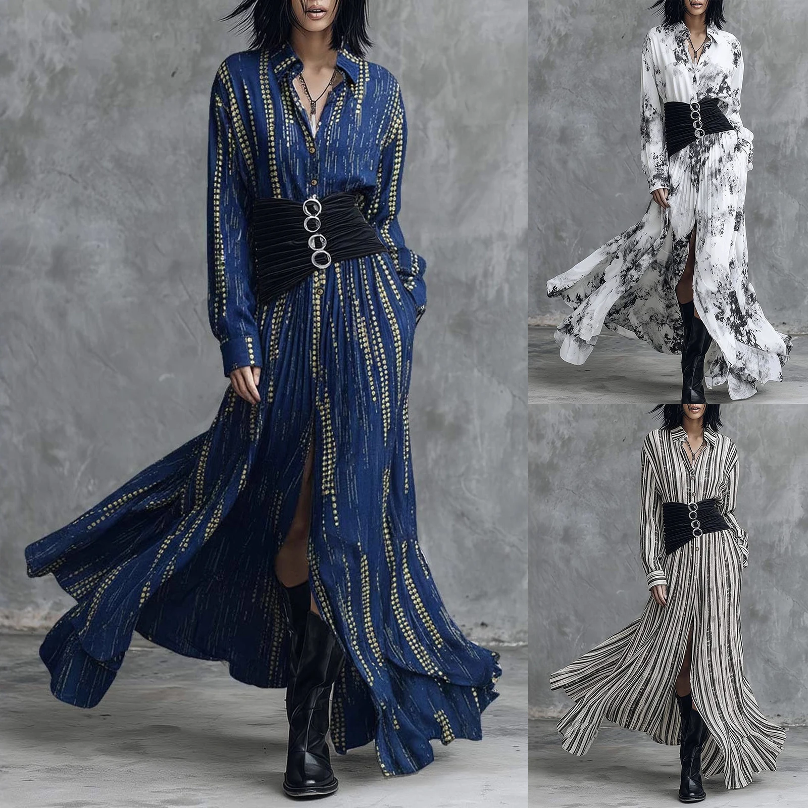 Robe chic à col en V, ceinture, taille froncée, robe maxi fluide à volants, robe chemise à rayures, fente latérale, accent métallique, robe décontractée tendance