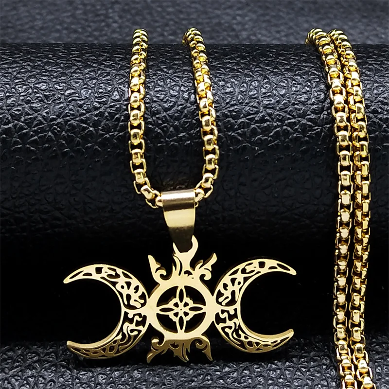 Wicca Celtic Knot Triple Moon Goddess Necklace Stainless Steel Gold Color Witch Amulet Chain Necklaces Pagan Jewelry collar