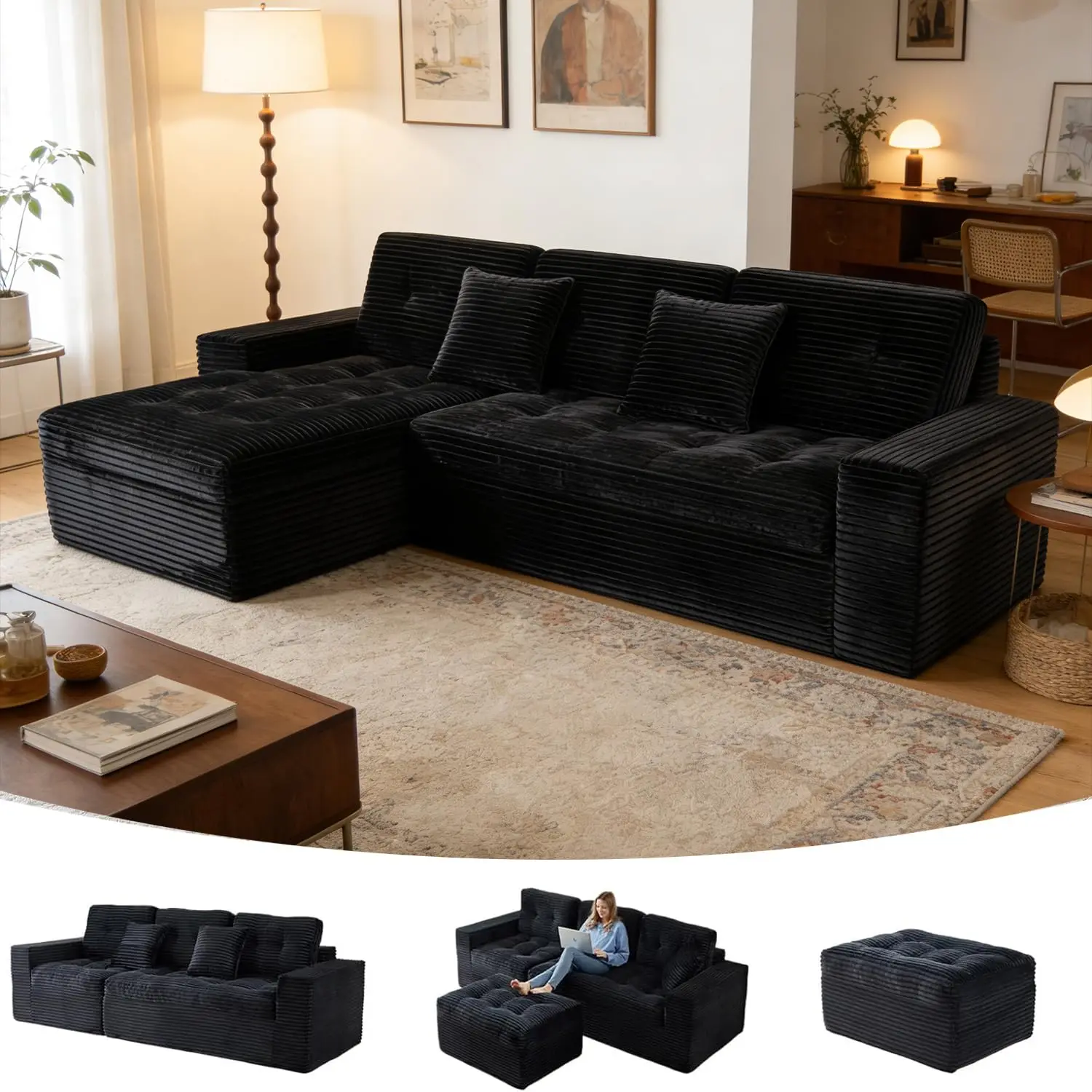

105" L-Shape Sectional Sofa Ottoman Cloud Modular Frameless Memory Foam Living Room Supportive, Customized