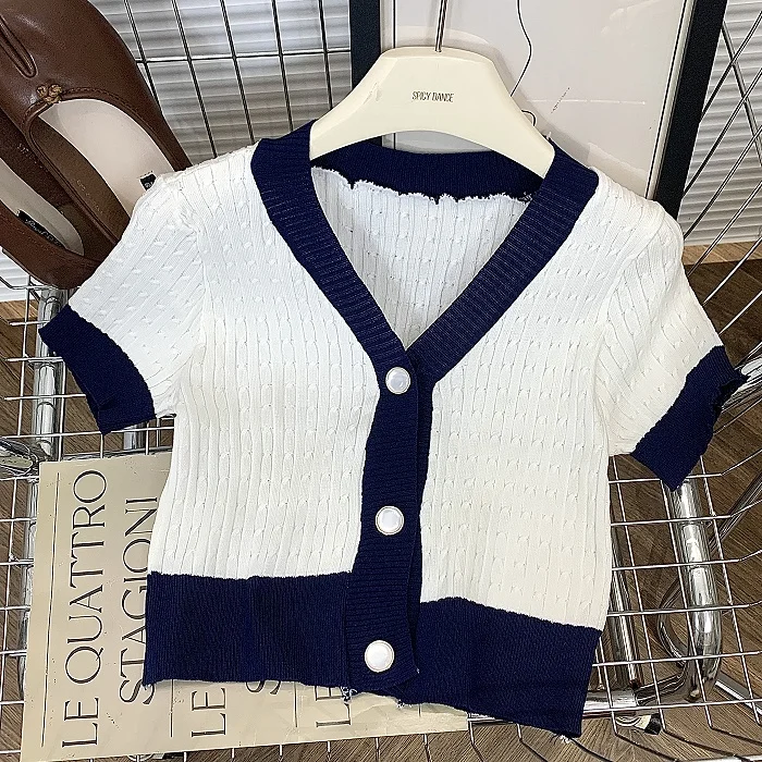 Vrouwen Button Up Korte Mouw Gebreide Top Colorblock V-hals Ingericht Crop Gebreid Vest Zomer Koreaanse Mode Tiener-meisje Outfit