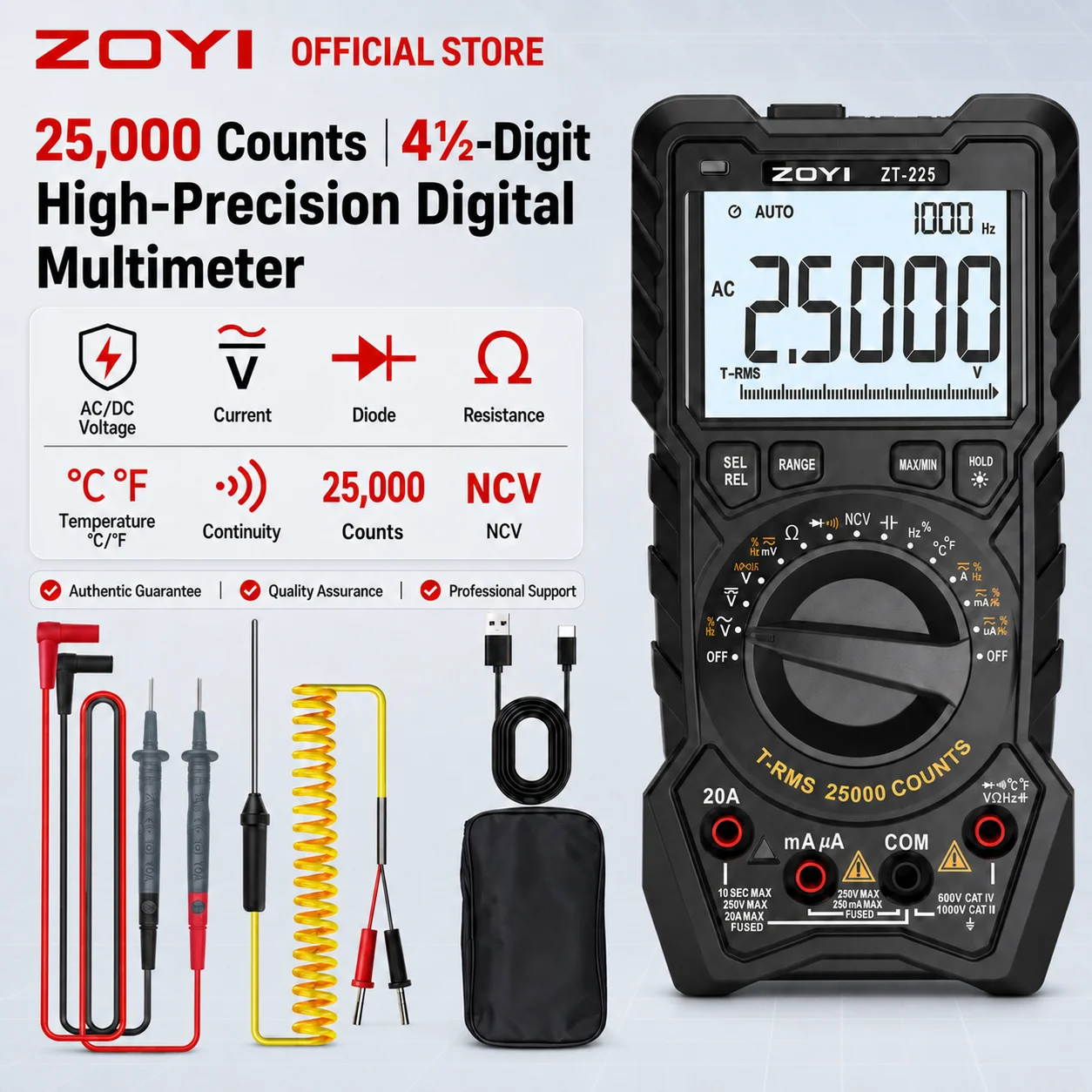 Multimètre numérique ZOYI ZT-225 25000 points de lecture 4½ chiffres True RMS avec sélection automatique de la plage, testeur de température pour électricien, usage domestique et industriel, réparation