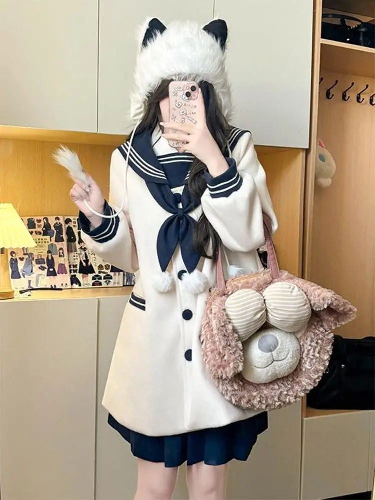 Autumn and Winter JK Uniform Woolen Pink White Coat Suit Sweet Bowknot Navy Collar Jacket Niche Design Pleated Skirt Sets view 4