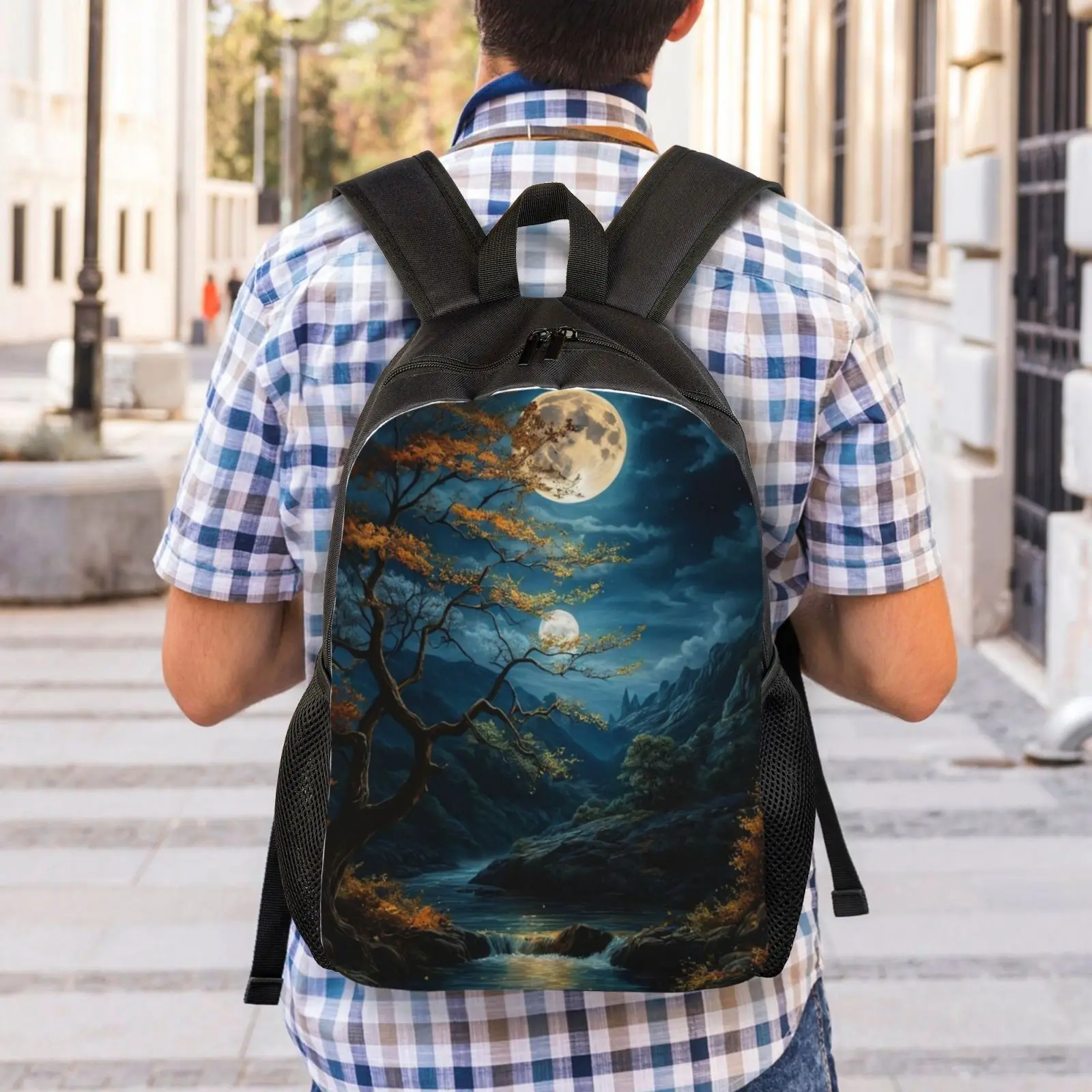 Silent River Print Cool Lightweight Backpack With Side Pocket For Bottle, Casual Schoolbag For Young Man's & Women's Commute