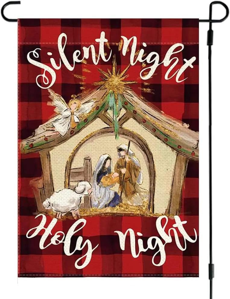 RABUSOFA Nativity Christmas Garden Flag 12x18 Inch Double Sided, Winter Silent Holy Night Buffalo Plaid Garden Flags, Holiday Re