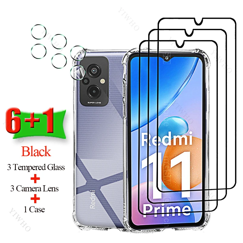 6+1 Full Glue Tempered Glass for Xiaomi Redmi 11 Prime 4G 5G Soft Case HD Camera Cover Screen Protectors for Redmi 11Prime 4g 5g