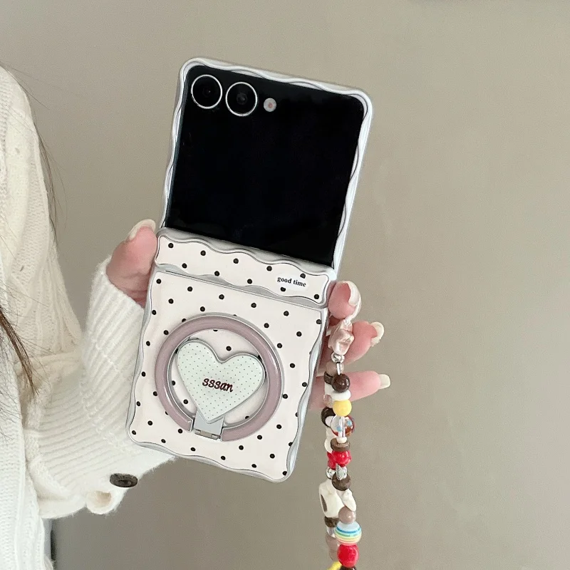 

Korean Polka Dot Cute Magnetic Phone Case For Samsung Galaxy Z Flip 7 6 5 Flip6 Flip7 Cover with Magsafe Stand Chain Hinge Cases