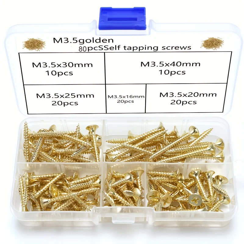 80pcs Wood Screw Kit, M3.5 Gold-Colored Self-Drilling Screws, for Home Woodworking Projects