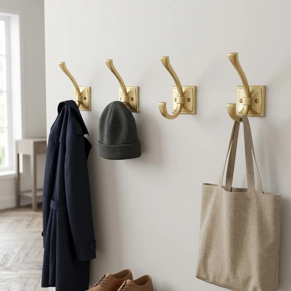 Zinc Alloy Dual Prong Coat Hooks Brushed Satin Gold for Modern Home Decor 2.81 Inch Projection 0.94 Inch Hole Center Distance