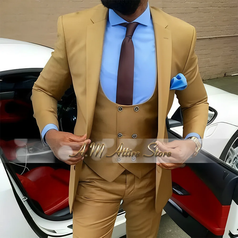 

Classy Men Suit Golden Brown 3-pcs Jacket Vest Pants Set Slim Fit Elegant Handmade Formal Wear for Wedding Prom Special Events