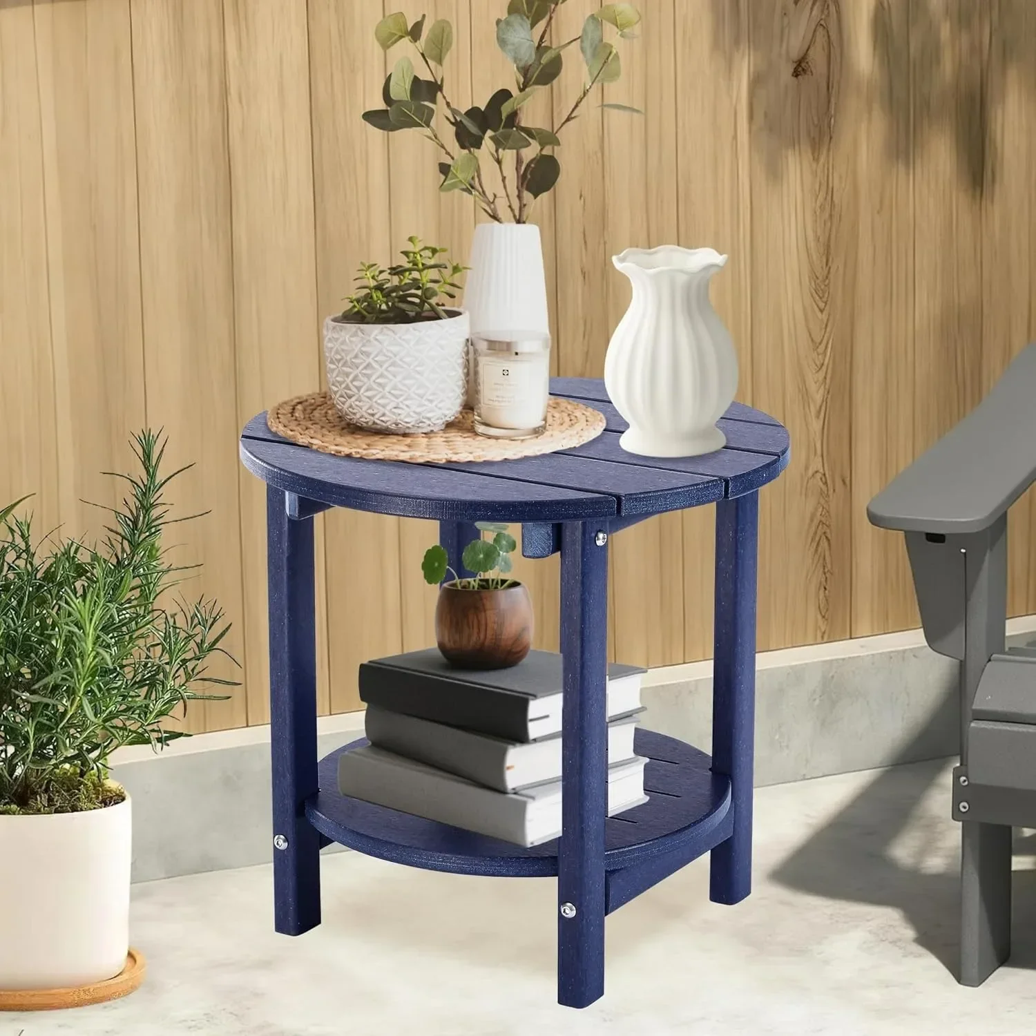 

Navy Blue Round Side End Table, Easy Maintenance Outdoor Indoor Companion for Patio Backyard Pool