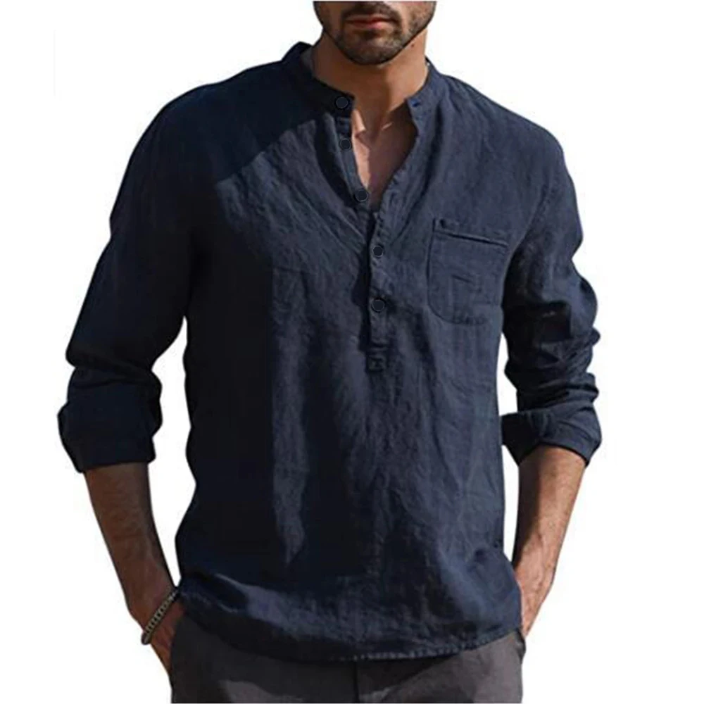 Cotton Linen Hot Sale Men\'s Long-Sleeved Shirts Summer Solid Color  Stand-Up Collar Casual Beach Style Plus Size