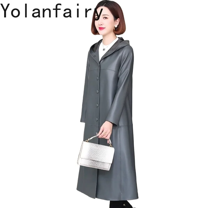 YOLANFAIRY Nachrichten Frühling Herbst Echtem Schaffell Leder Jacke Frauen Mit Kapuze Koreanische Mode Lange Echt Leder Graben Mantel Frau