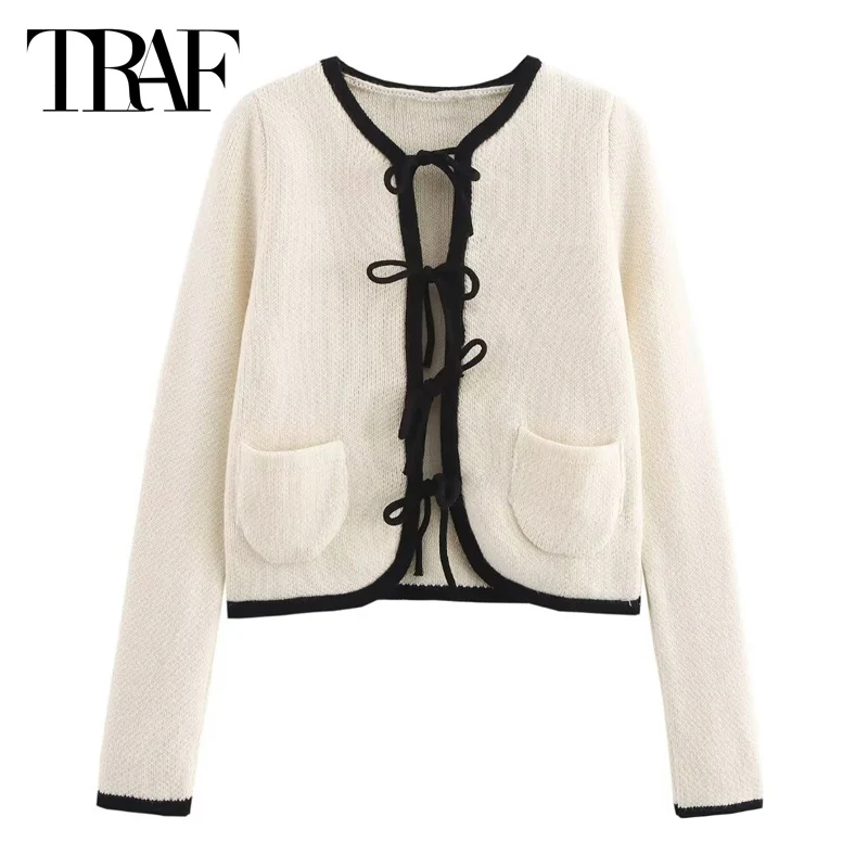 HXAO Crop Knit Cardigan For Women Women\'s Sweater Bow Lace-Up Outerwears Long Sleeve Cardigan O-Neck Off White Knitwear Cardigan