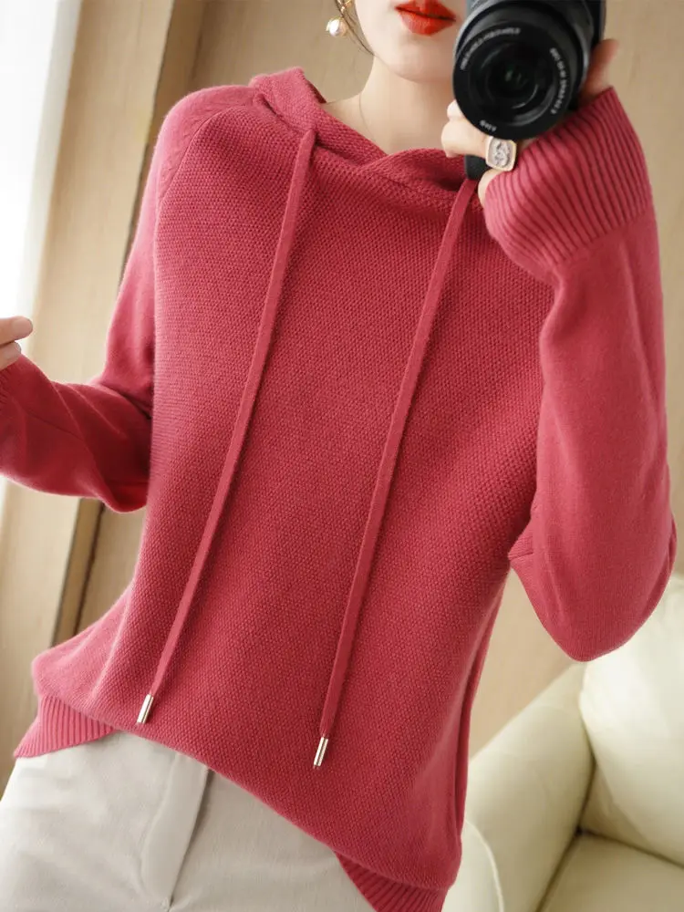 Pull à capuche pour femme automne hiver à manches longues chemise à fond chaud solide pulls décontractés hauts en tricot pull coréen 2025 rouge