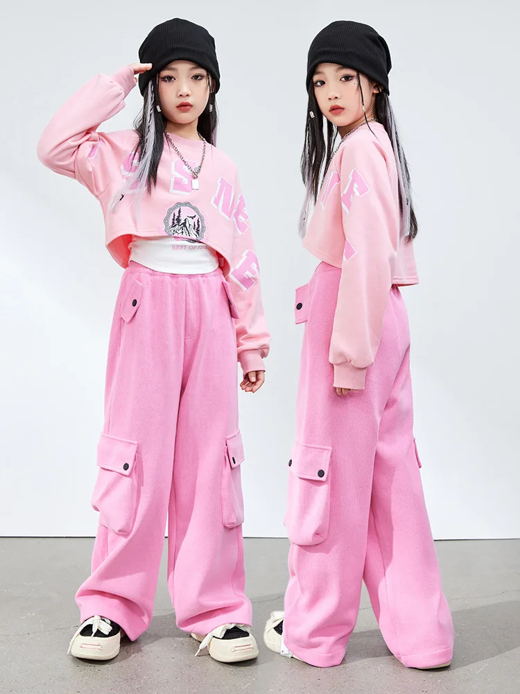 

Kid Kpop Hip Hop Clothing Pink Sweatshirt White Crop Tank Top Casual Wide Pocket Baggy Pants for Girl Jazz Dance Costume Clothes