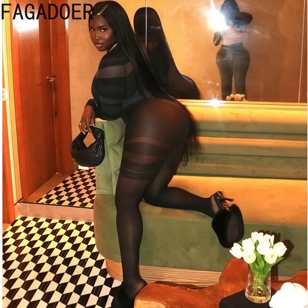 FAGADOER Y2k Sexy Mesh See Through Bodycon Jumpsuits Women Color Block Printing Long Sleeve Rompers Female Streetwear Overalls