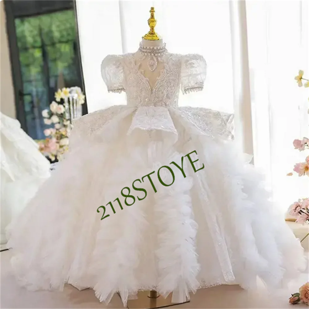 Luxury Glitter Pearls Beaded Flower Girl Dresses For Wedding Shiny Sequins Appliques Princess Puff Sleeves First Communion Gowns