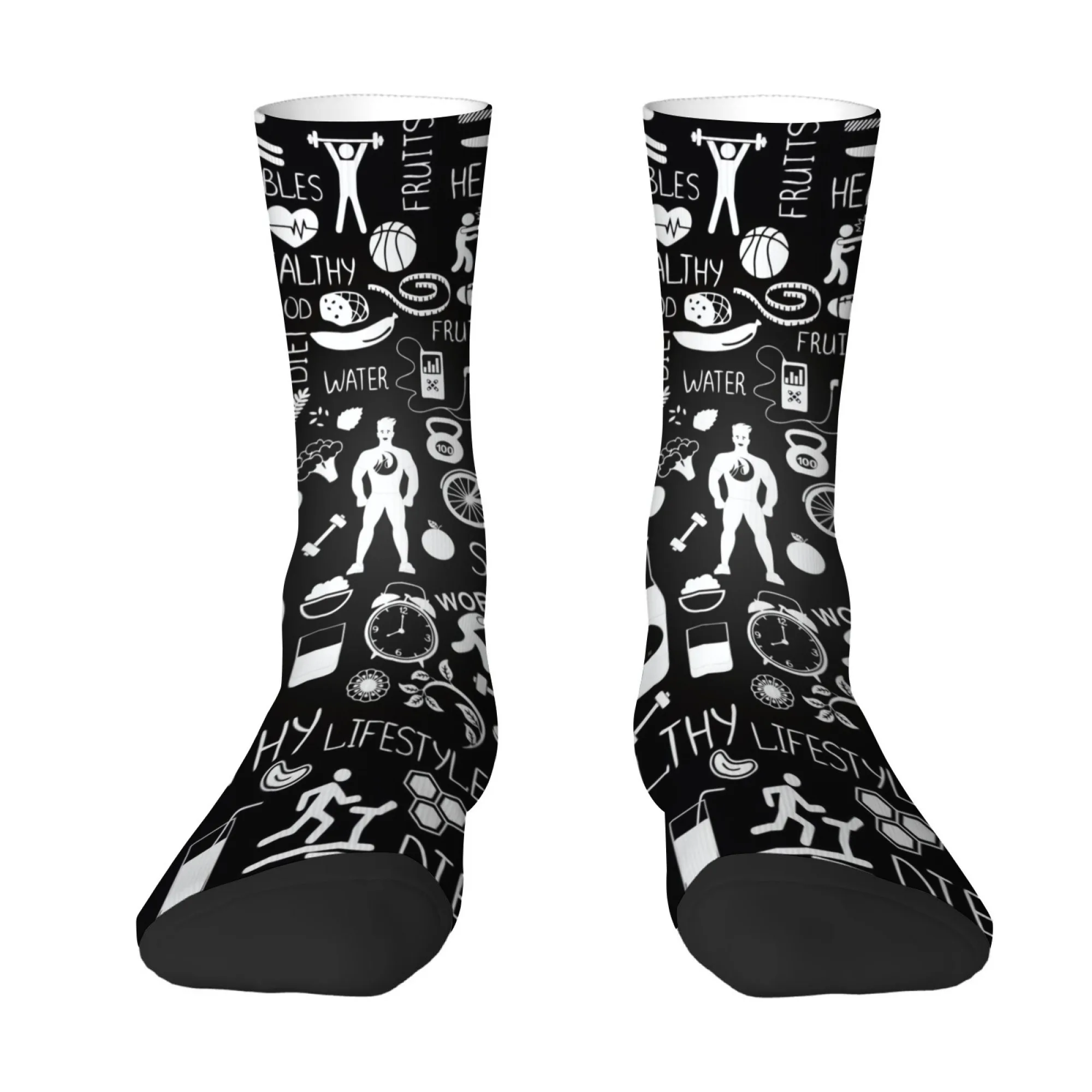 Men's Printed Mid-calf Socks with Black White Logos for A Healthy Lifestyle for Sporty Comfortable Breathable for Gym Workouts