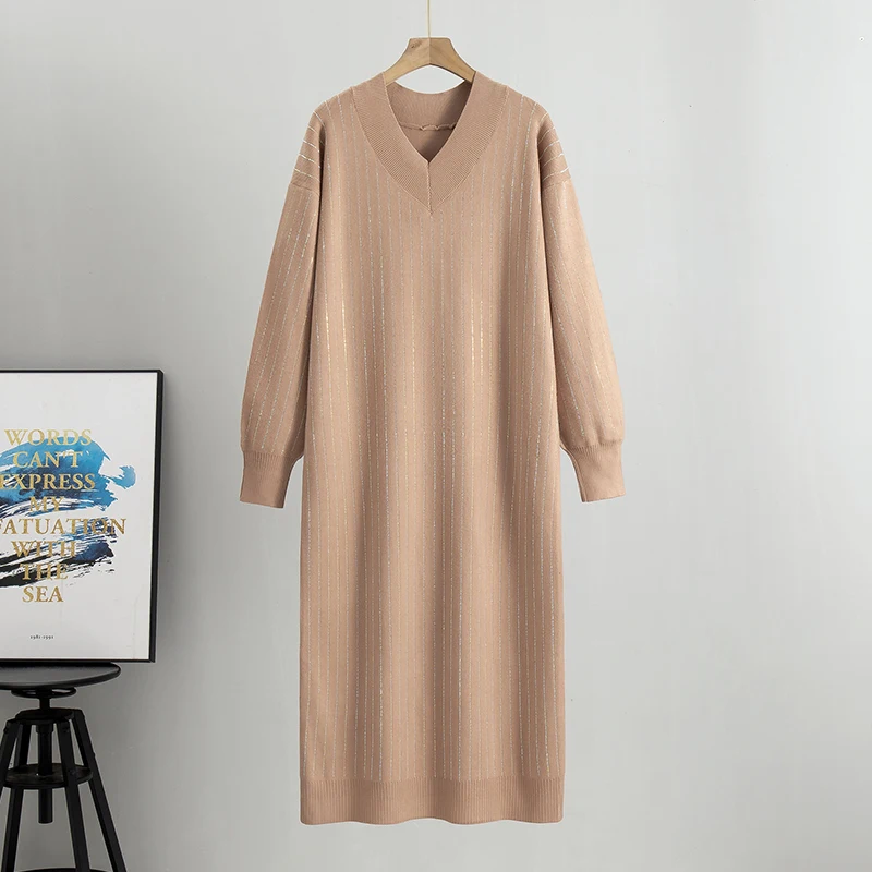 spring Long Sleeve Party Midi Dress for Women Knitted V Neck Elegant Knitted Sweater Dresses Ladies Slim Waist  Knitted Dress