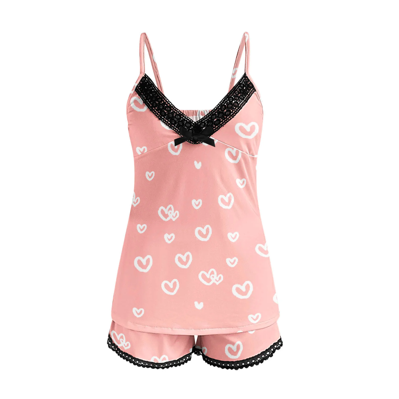 

Ladies Sexy 2 Piece Pajama Set Womens Sexy Heart Print Camisole Shorts 2 Piece Lace Pijama Suit Sleepwear Pyjamas Home Wear Set