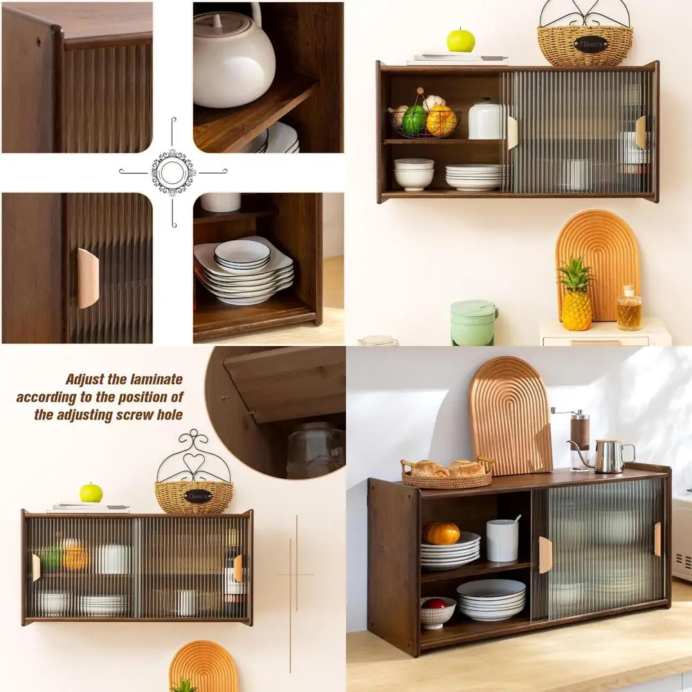 

Кухонный шкаф из орехового дерева — настенный монтаж с двумя дверцами, регулируемыми полками для хранения вина, спиртных напитков и стекла