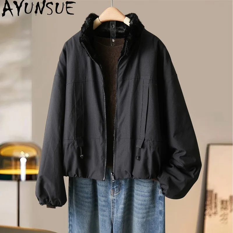 Casaco de Pele de Mink Real AYUNSUE para Mulheres, Jaqueta de Pele Reversível, Estilo com Gola Alta, Roupas Externas Pretas para o Inverno
