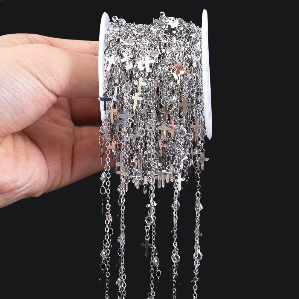 1Meter Crystal Beaded Chain Cross Butterfly Flower Charm Link Chain Copper Chains for DIY Necklace Bracelet Cloth Jewelry Making