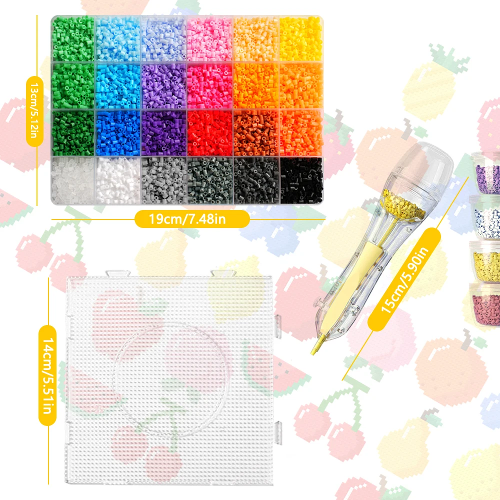 12000pcs 24-color 2.6mm Hama Beads Set With A Fuse Bead Pen and Four Bins Square Nail Board for DIY Pixel Art and 3D Crafts