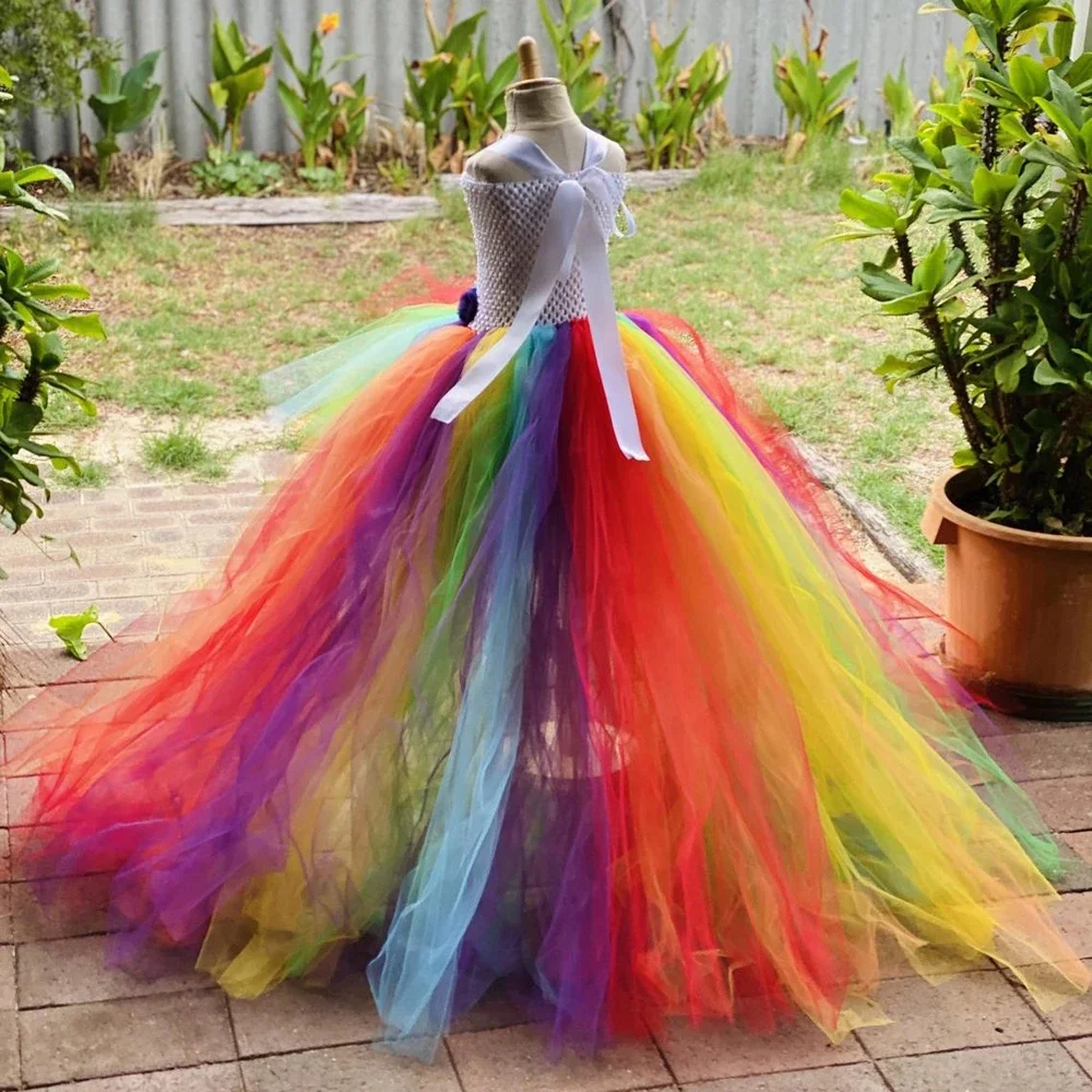 Girls Rainbow Flower Trailing Dress Kids Crochet Tutus Tulle Dresses Children Birthday Party Costumes Photography Cloth
