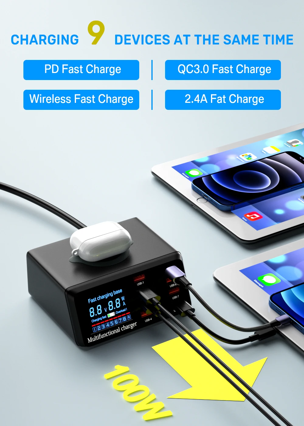 100w 8 Ports USB-Ladestation mit kabelloser Aufladung digitaler Bildschirm qc 3,0 pd 3,0 Schnell ladung für iPhone 14 13 Xiaomi – Detail 8