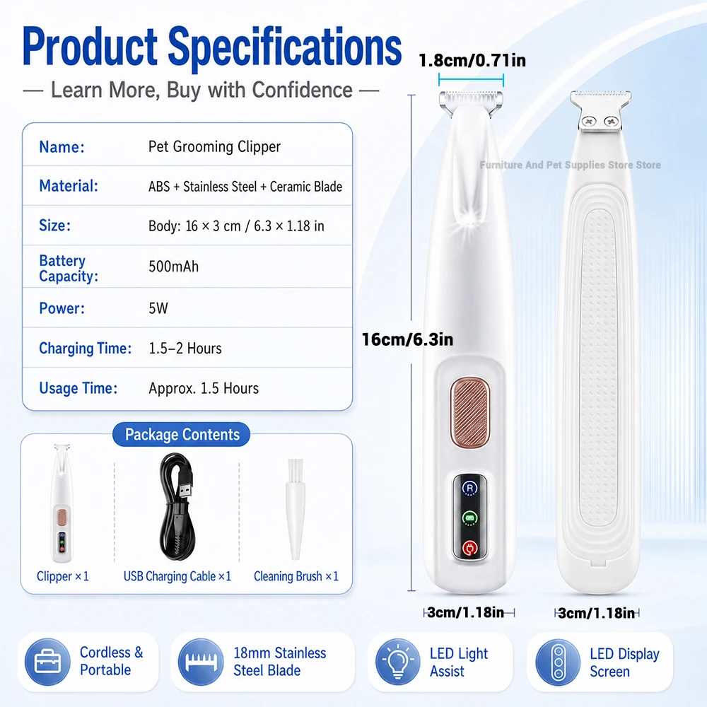 Pet Dog Electric Beauty Hair Trimmer Waterproof Pet Foot Hair Trimmer Low Noise Cat Dog Face Foot Ear Hip Claw LED Light Shaver - view 5