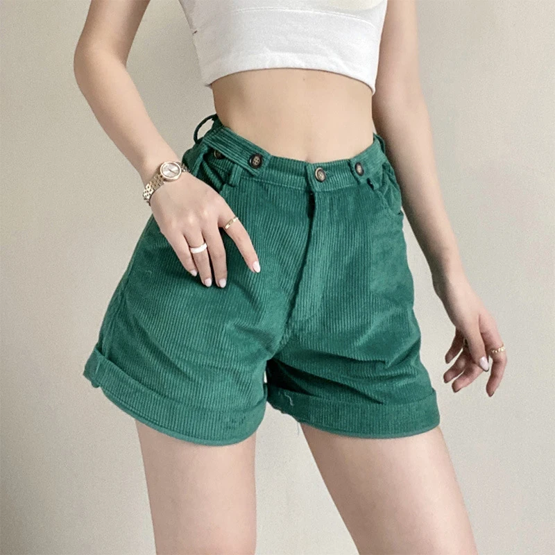 Fashion Casual High Waist Loose Green Corduroy Wide Leg Shorts For Women