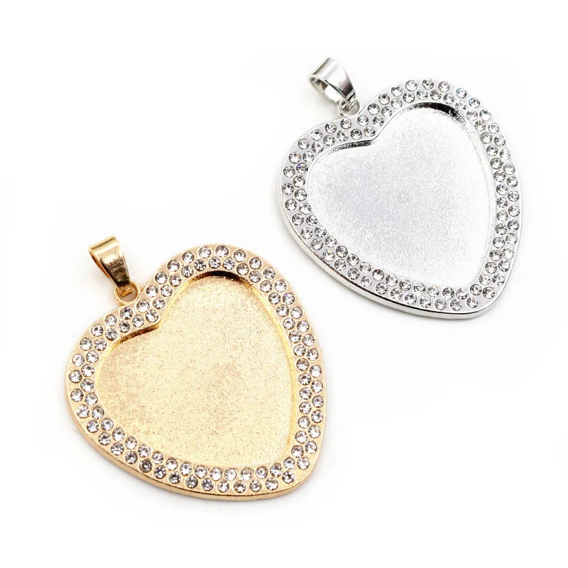 5pcs 25mm Inner Size Rhodium KC Gold Plated Transparent Rhinestone Heart Blank Cabochon Base Setting Charms Pendant
