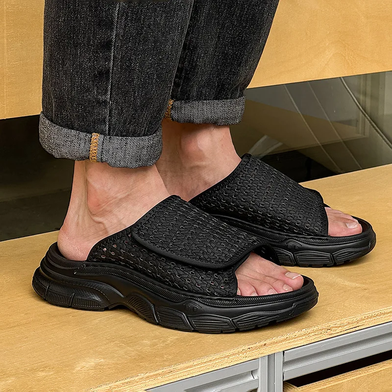 خمر نمط الرجال الصنادل الترفيه المشي الذكور الانزلاق على النعال القش النسيج الصيف المفتوحة تو أحذية الشاطئ الشقق عادية