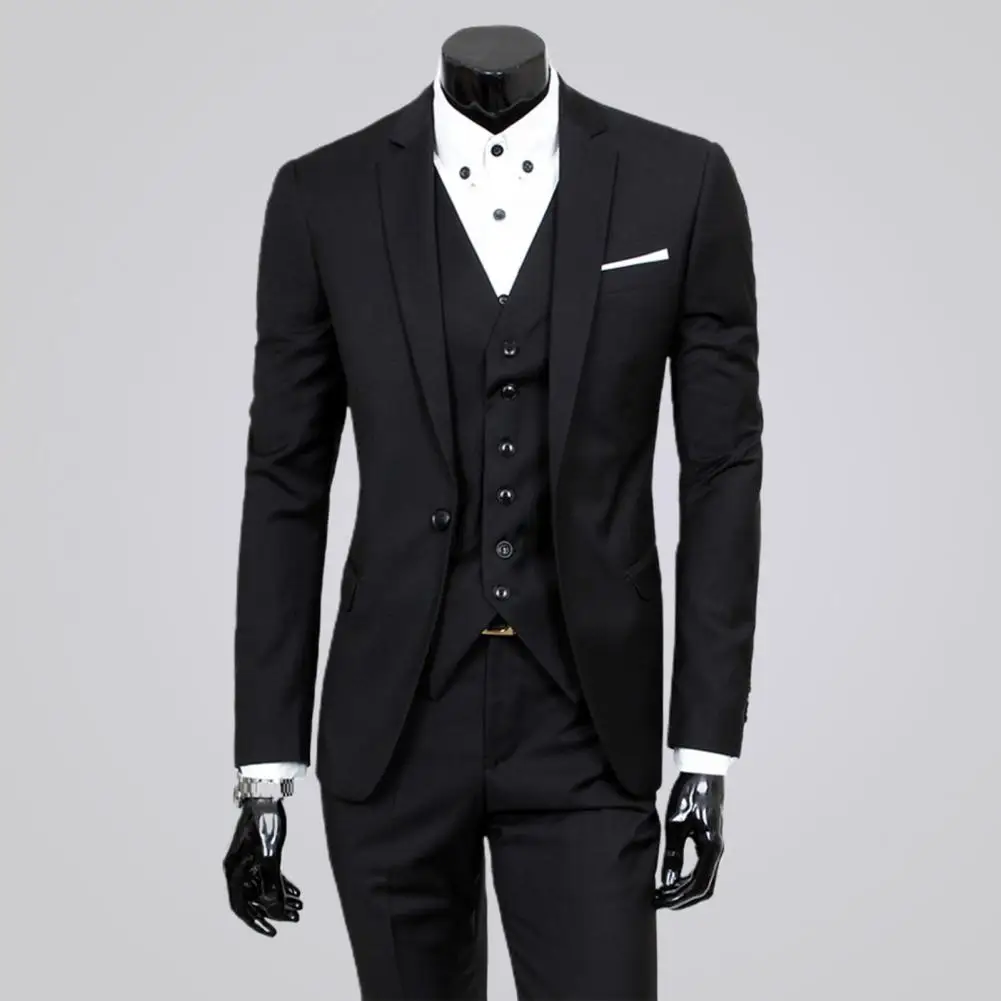 Fabulous Men Suit Set Cardigan 3 Piece Set Soft Fabric Split Wedding Suit Set Business Suit Slim Fit