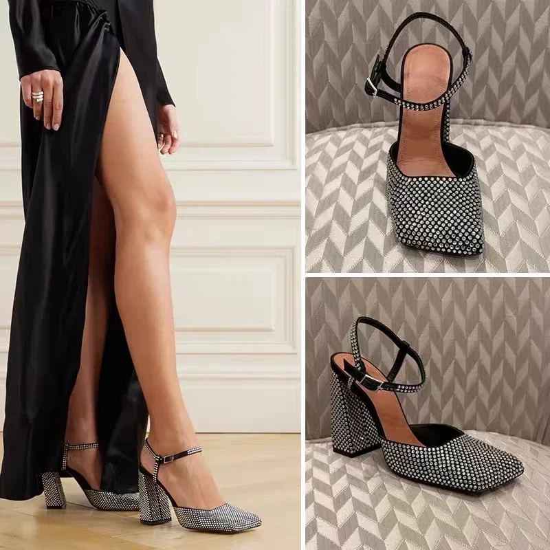 Rhinestone Thick High Heels and Toe Sandals for Women, Retro Mary Jane Single Shoes, Fashionable and Sexy, European and American