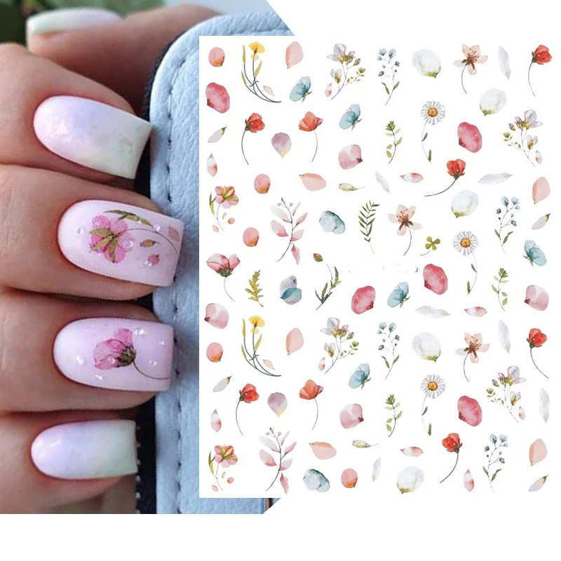 Nail Decals Pink Blue White Petals Florals Daisy Nuance Flowers Back Glue Nail Stickers For Nail Tips Beauty