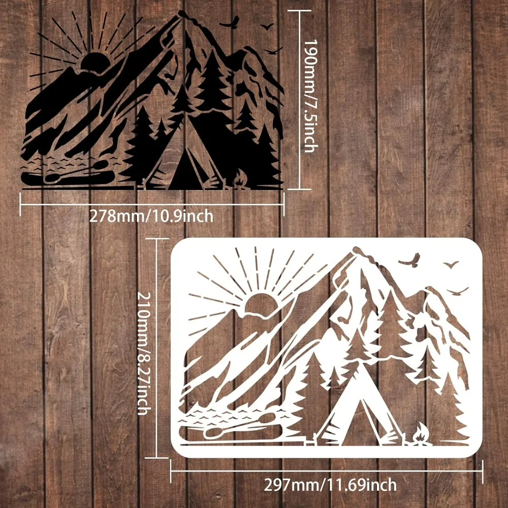 Camp Stencils 11.7x8.3 inch Plastic Mountains View Tent Boat Pine Tree Drawing Painting Stencils River Sun Pattern Stencils