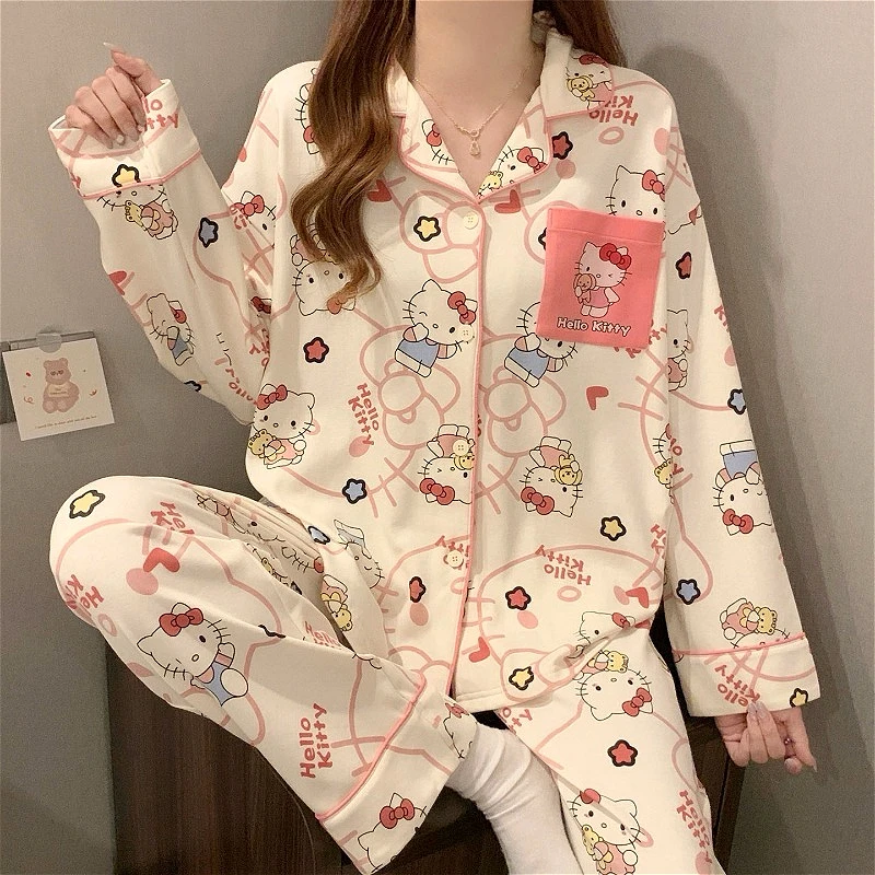 

2Pcs Cute HelloKitty Pajamas Sets for Girls Nightgown Sleepwear Long Sleeve Cartoon Sweet New Women's Clothes Loungewear Outwear